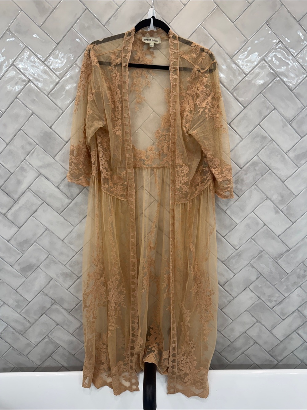 Vintage Havana Sheer Lace Duster Robe in Tan